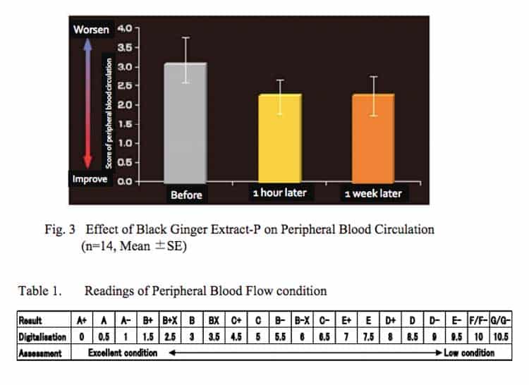 A table showcasing the impact of black ginger, a blood flow supplement, on blood circulation.