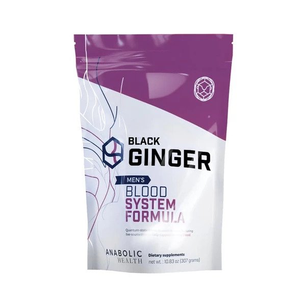 A package of Anabolic Health Black Ginger men's health supplement for men's circulation formula.