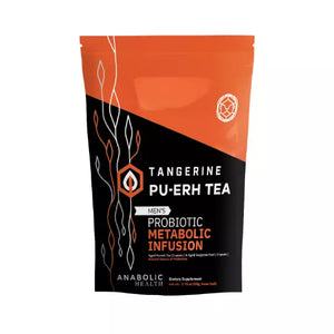 Package of Anabolic Health tangerine pu-erh tea with black ginger for men's metabolic enhancement and improved circulation.