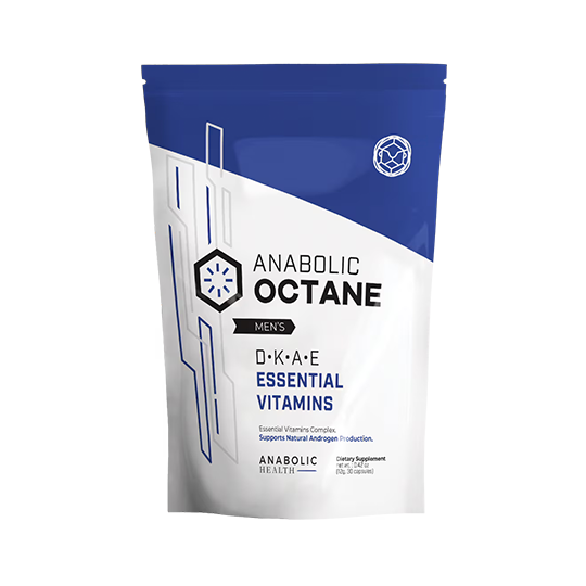 The blue and white packaging of Anabolic Health's Anabolic Octane: Essential Vitamins D-K-A-E, with a hexagonal logo, emphasizes its role in boosting natural testosterone production and supporting men's health.