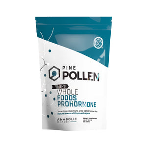 A teal and white package labeled "Pine Pollen" from Anabolic Health indicates it is a men's whole foods prohormone dietary supplement, containing 100 grams.