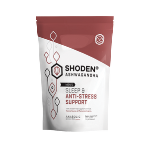 A resealable pouch labeled "Ashwagandha Extract" by Anabolic Health, a dietary supplement with a modern red and white design.