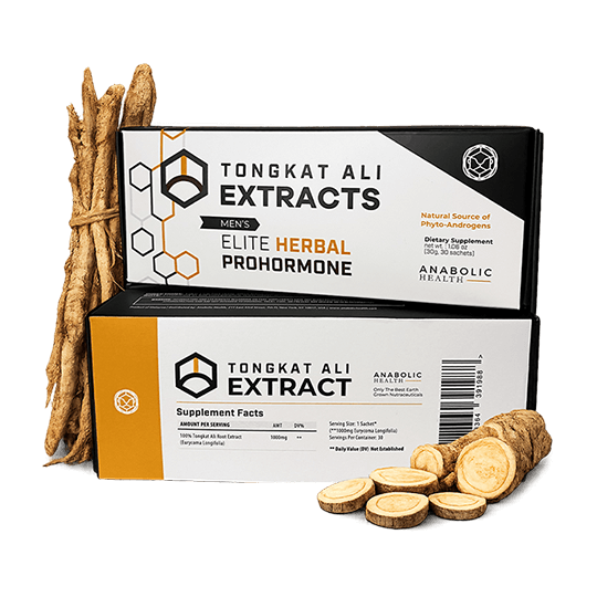 Two boxes of Anabolic Health's Eurycoma Longifolia supplement are shown beside root slices on a white background, highlighting this physical performance booster.